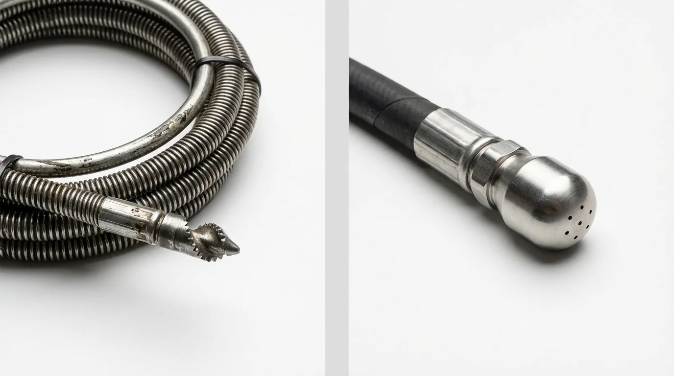 Drain snake cable and hydro jetting nozzle used for drain cleaning in Oakland, MD