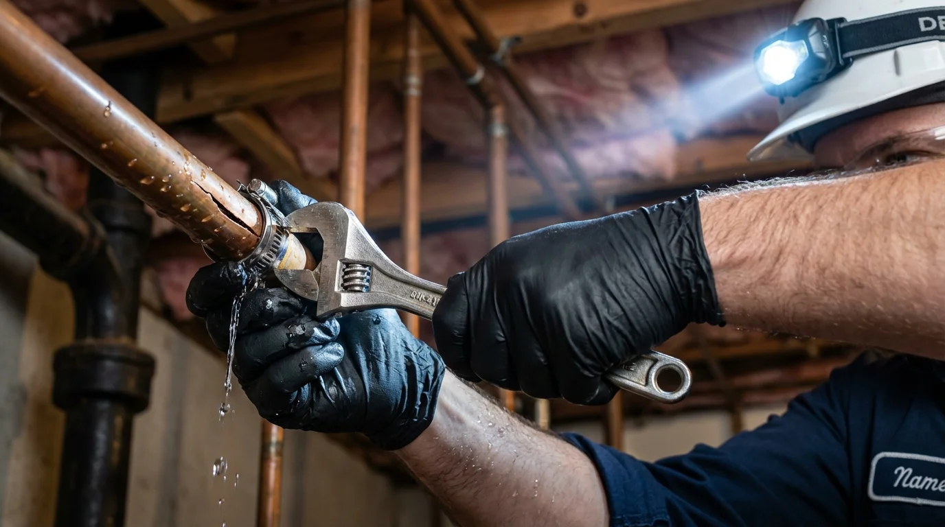 Emergency pipe clamp repair being performed by a Johns Plumbing LLC plumber in Oakland