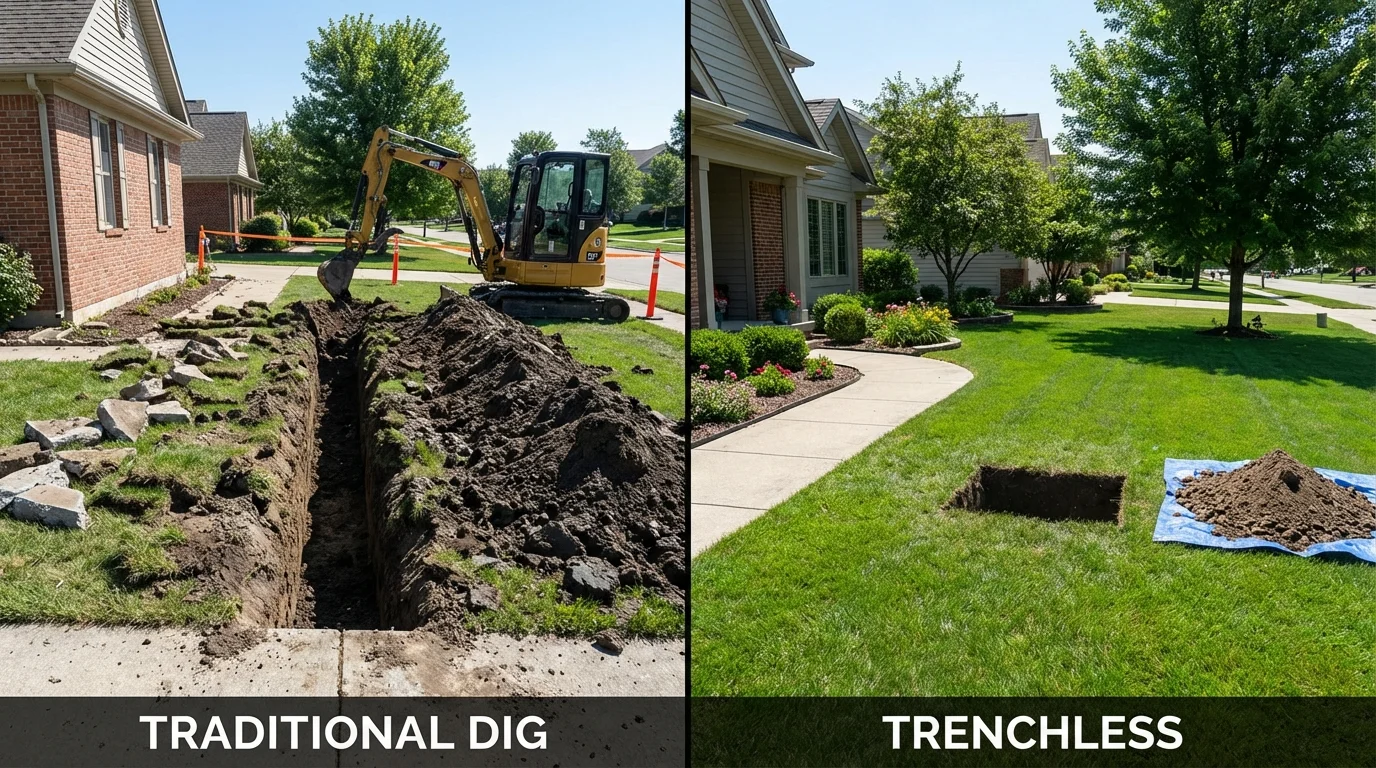 Trenchless sewer repair with minimal yard damage versus traditional excavation in Oakland, MD
