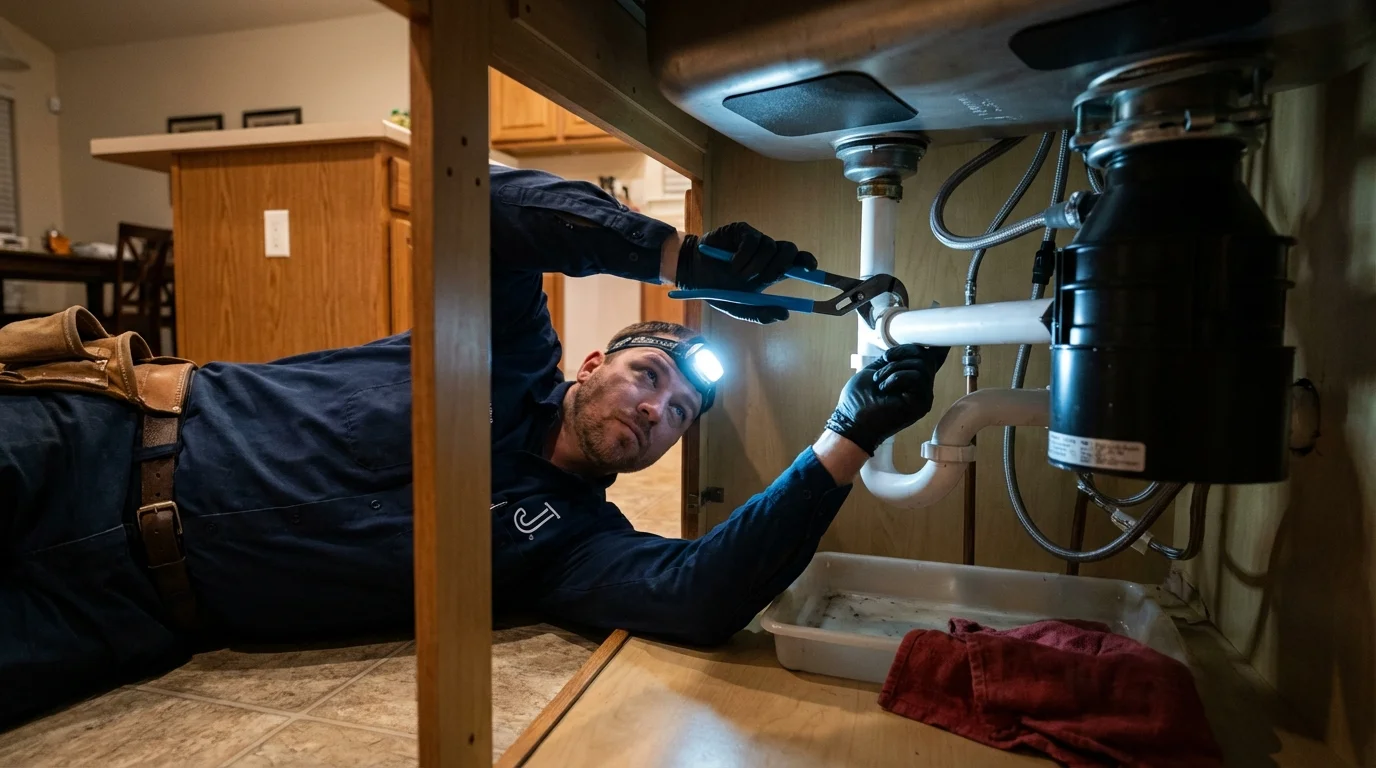 P-trap and supply line connections under a kitchen sink showing a common leak point in Oakland, MD